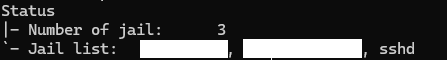 fail2ban status report showing 3 jails
