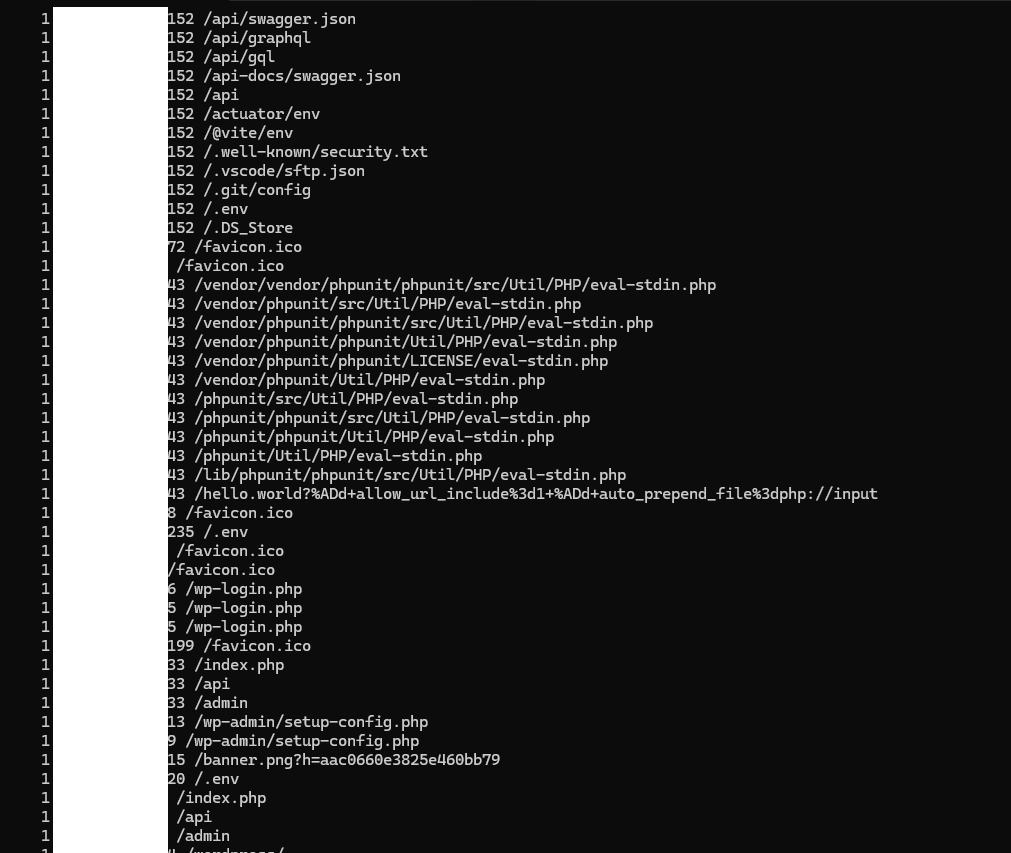 A terminal showing matched regexes of 404 automated bot scans